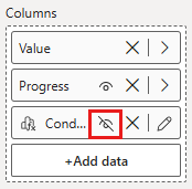 Screenshot of the build pane showing how to select a button to hide the visual calculation you're creating.