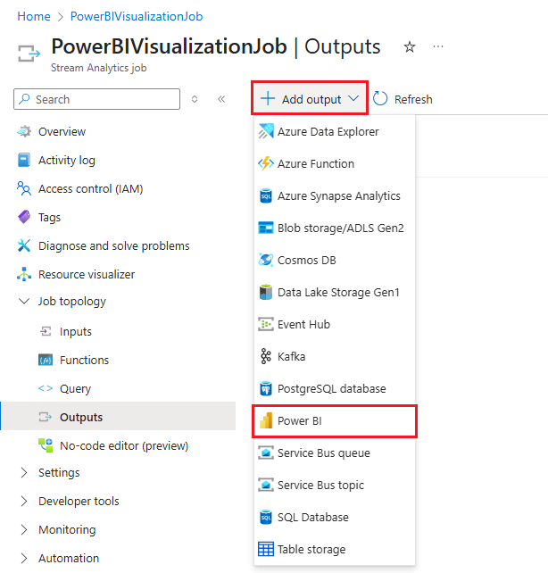 Screenshot that shows selecting Power BI from the Add output menu.