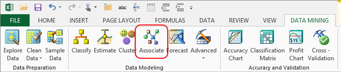 Associate wizard in Data Mining ribbon