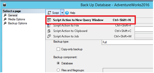 Screenshot of Script database backup--script action.