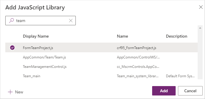 Screenshot of the add javascript library window.