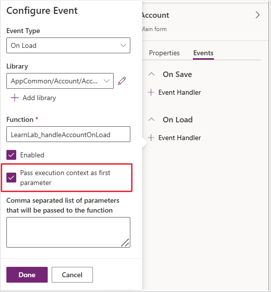 Screenshot showing how to enable passing the execution context.