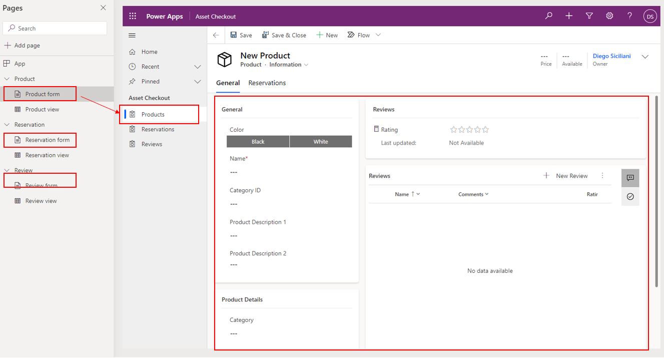 Screenshot of the table forms in the app designer.
