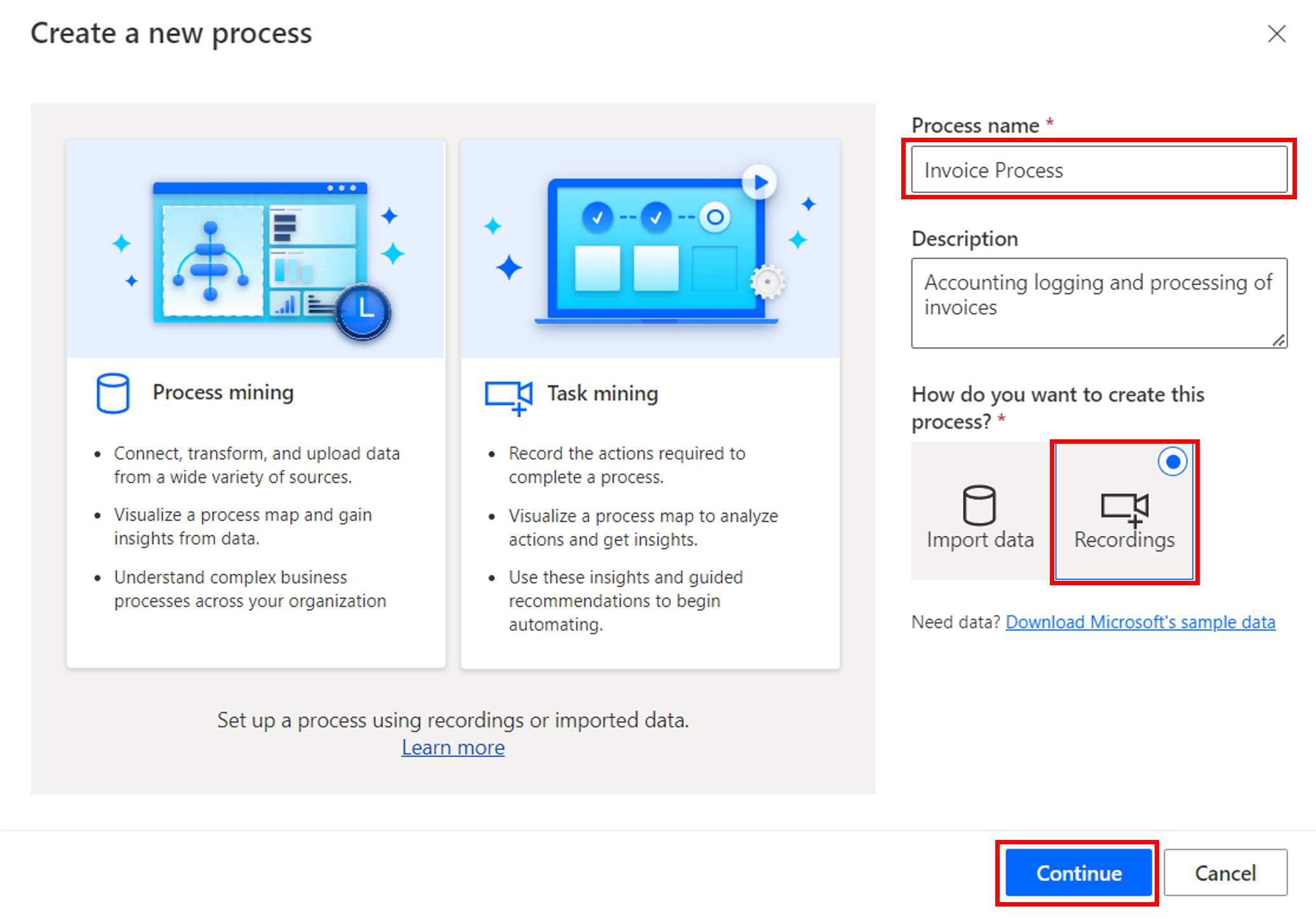 Screenshot of the Create button within process advisor.