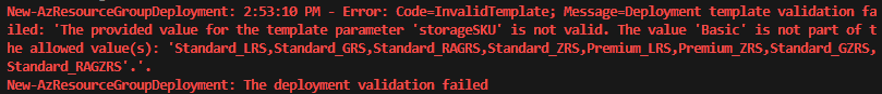 Screenshot of the Terminal window showing the deployment validation error.