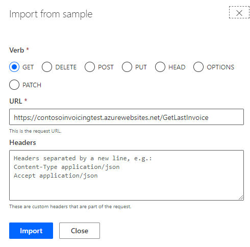 Screenshot showing the import request from sample dialog.