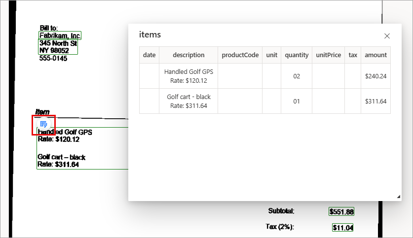 Screenshot with the table icon highlighted and a preview of the table called 'items' generated by AI builder.