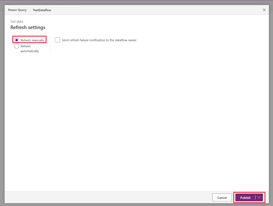 Screenshot of Power Query editor Refresh settings.