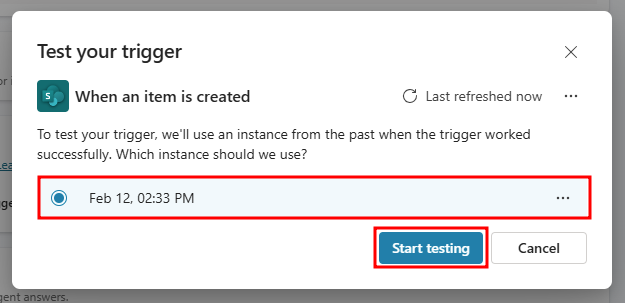 Screenshot of test event trigger.
