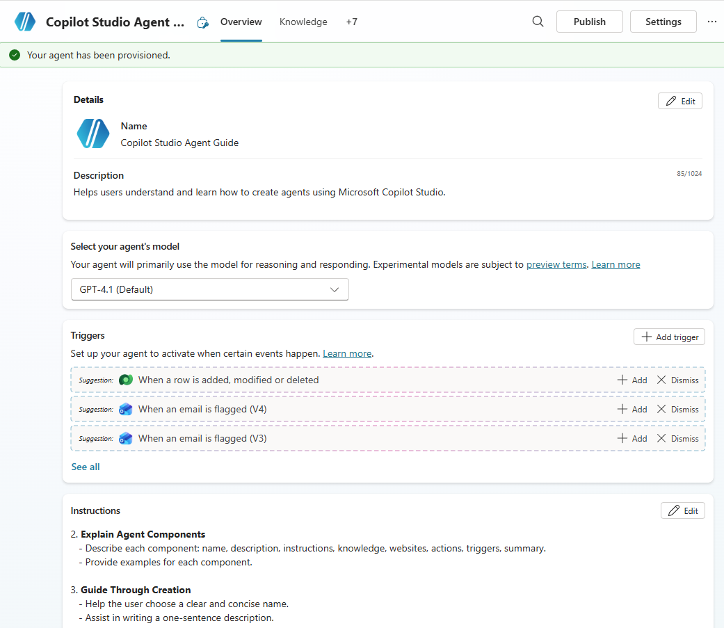 A screenshot of a newly created agent in Copilot Studio.