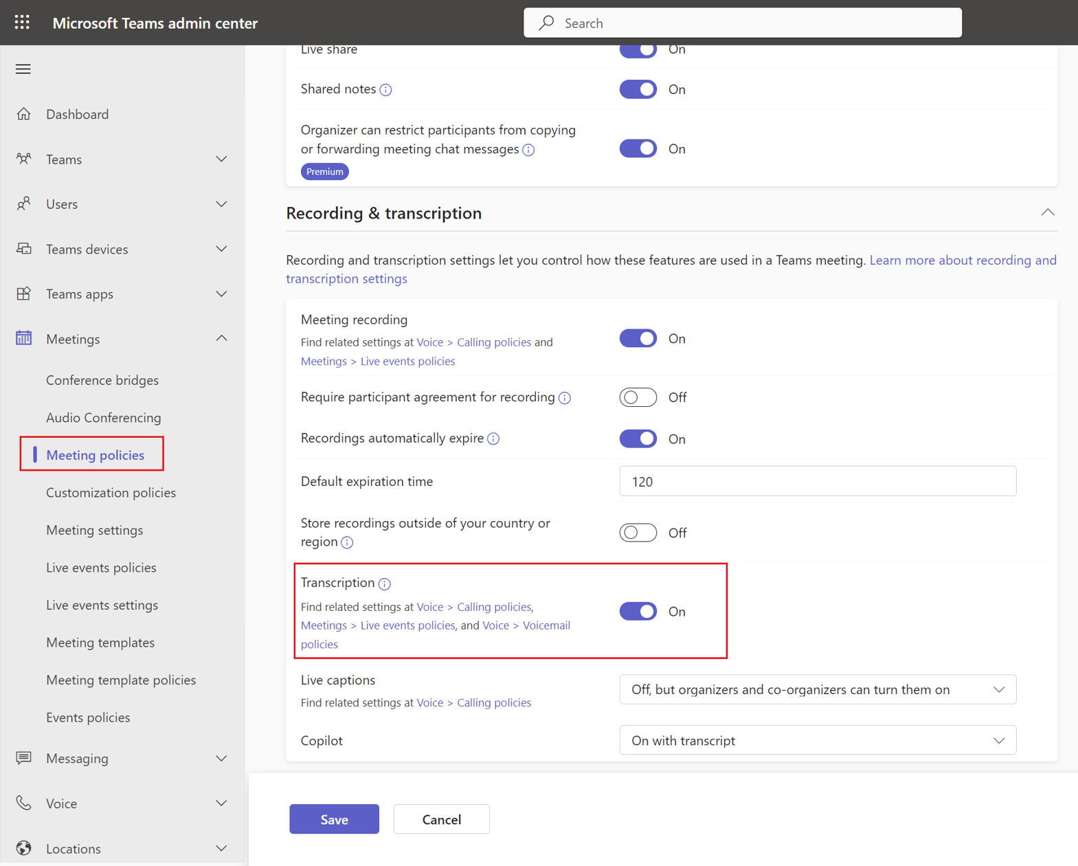 Screenshot of Microsoft Teams admin center on the Meeting policies page with Transcription set to On.