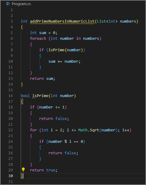 Screenshot showing the current code for the prime number example.