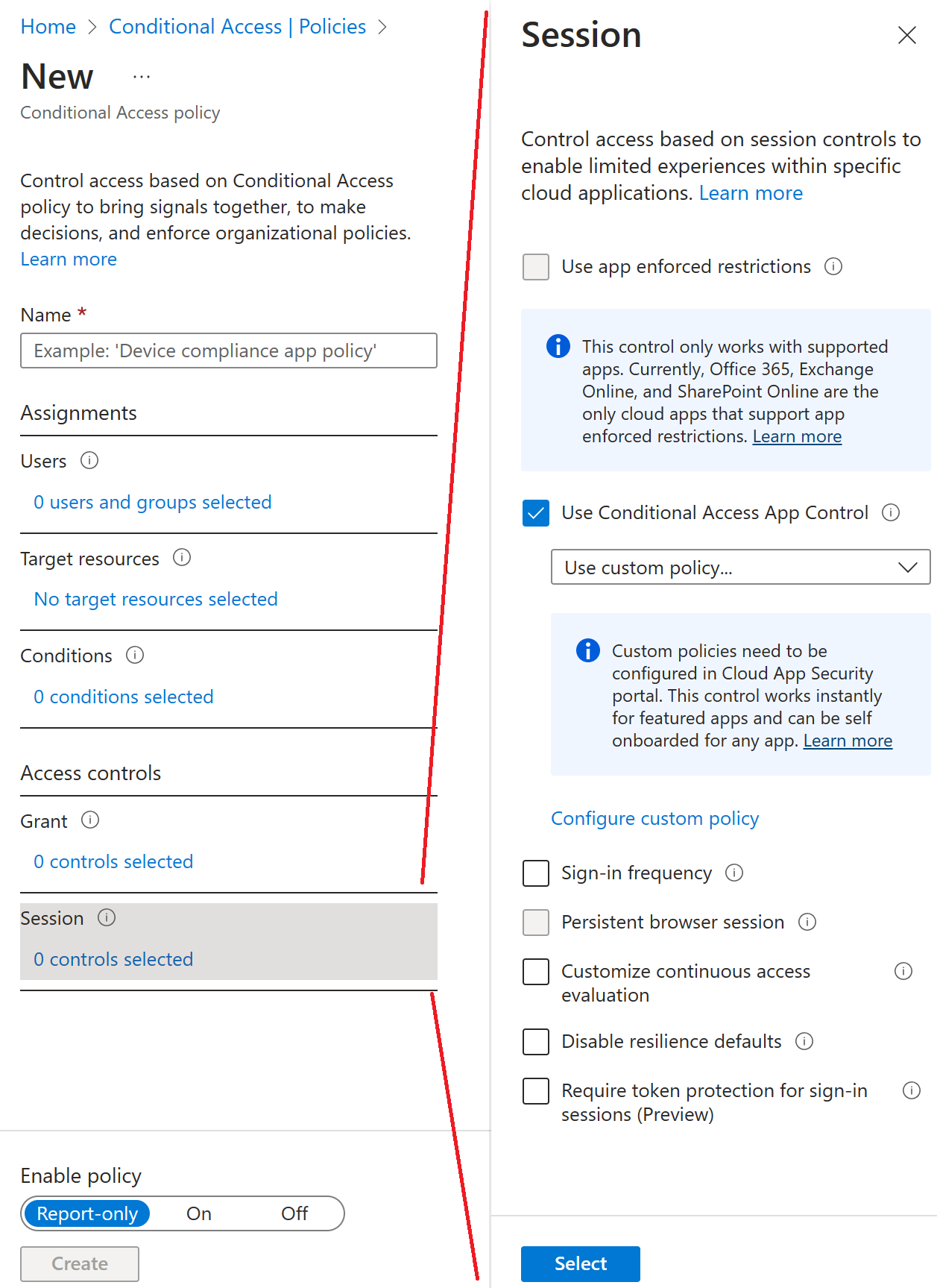 Screenshot of the Conditional Access App Control selected in the conditional access wizard.