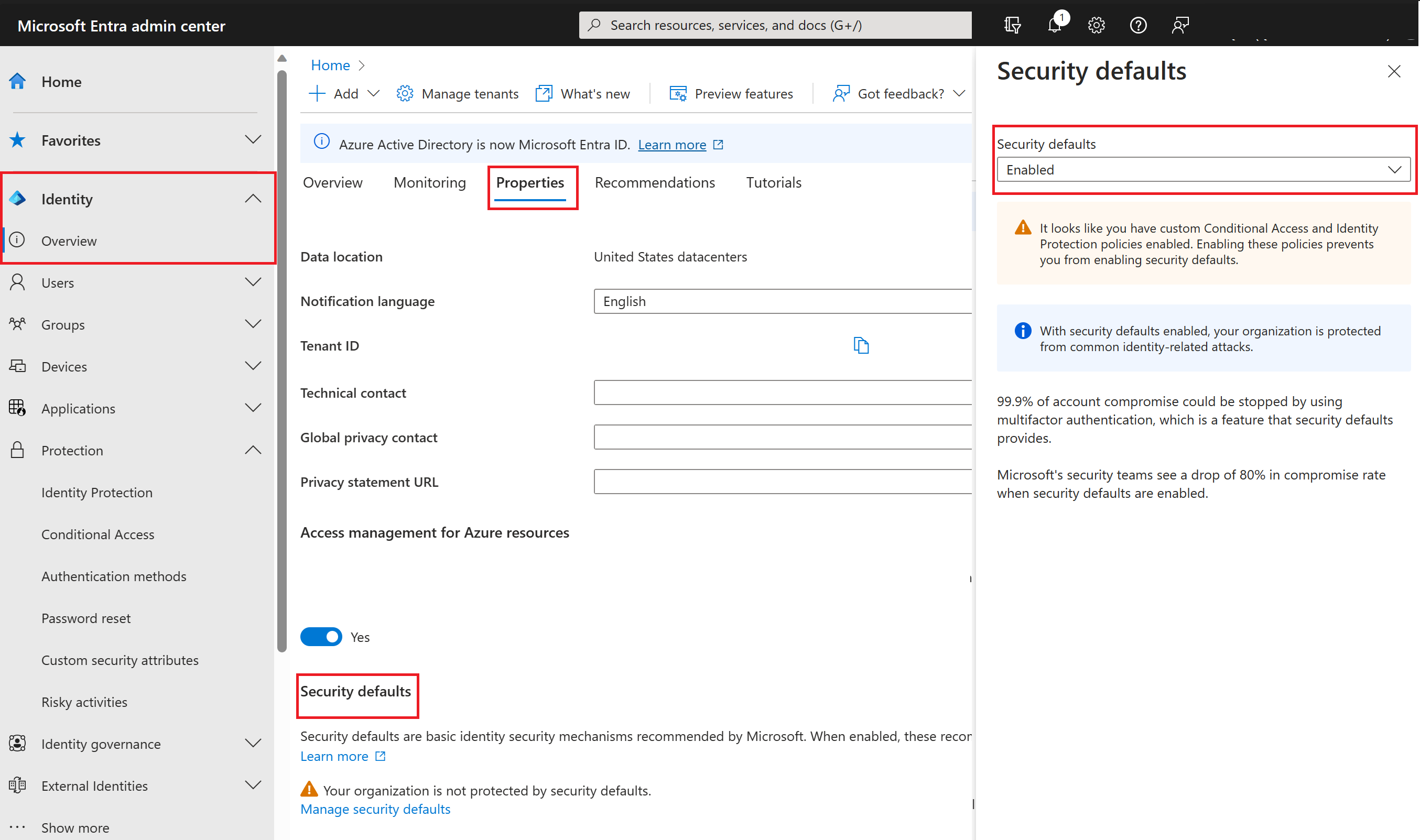 Screenshot of the Microsoft Entra admin center with the toggle to enable security defaults.