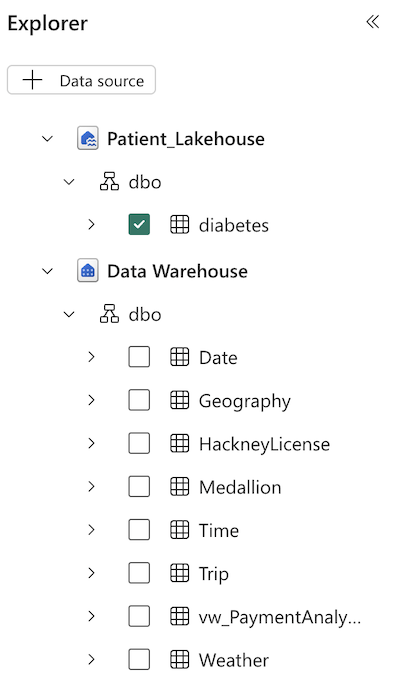 Screenshot of selecting tables from a data source in a Fabric data agent.