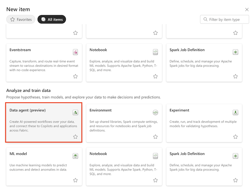 Screenshot of creating a new Fabric data agent.