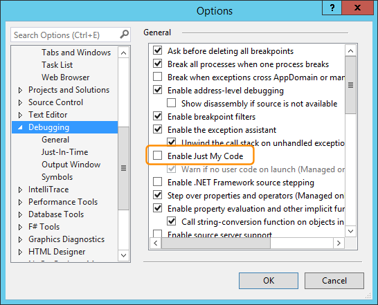 DebuggerMap_DebugOptions Show external code using Options dialog