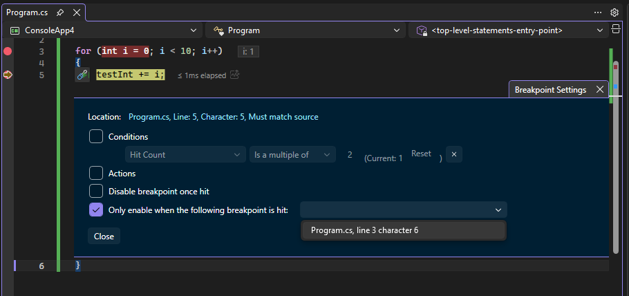 DependentBreakpoint Screenshot that shows a dependent breakpoint.