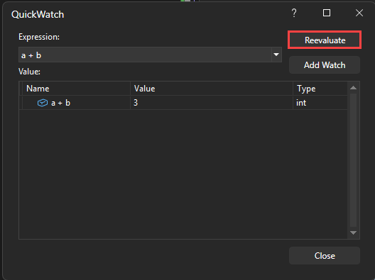 QuickWatch expression Screenshot of an expression in the QuickWatch window.