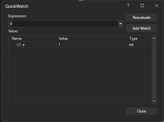 QuickWatch variable Screenshot of a variable in the QuickWatch window.