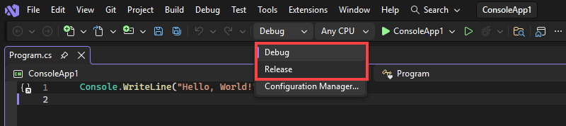 Screenshot that shows the build configurations on the toolbar.