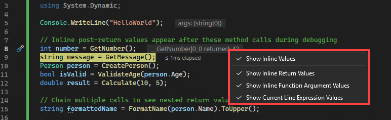Screenshot showing options for viewing return values.