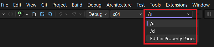 Screenshot of the command-line argument drop-down list. It shows /u and /d from a previous run. The option to edit in property pages is highlighted.