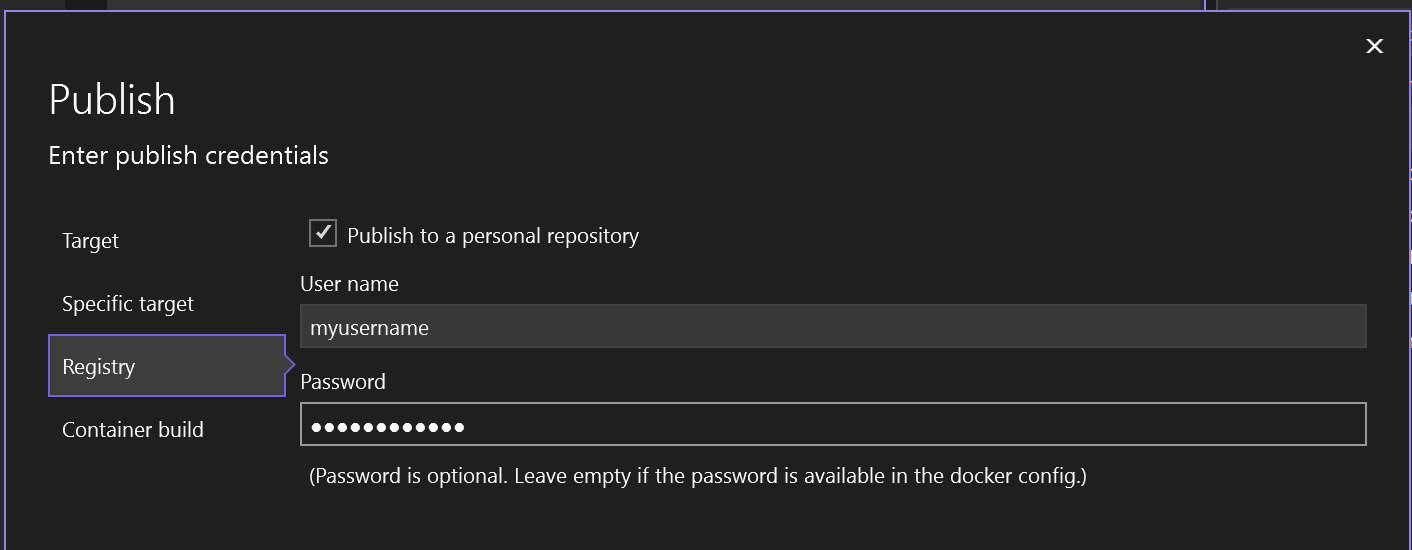 Screenshot showing the option to publish to Docker Hub.