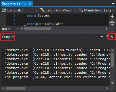 Screenshot that shows closing the Output pane.