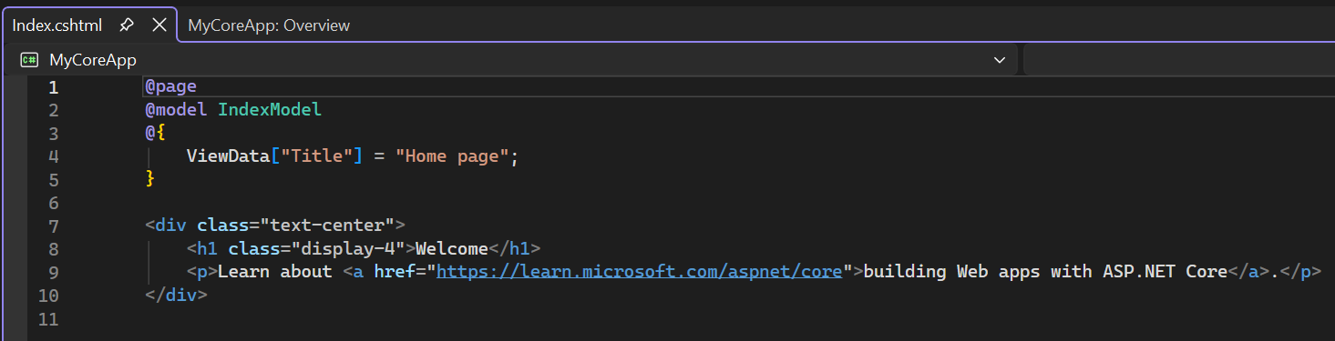 Screenshot shows the Index.cshtml file open in the Visual Studio Code editor.