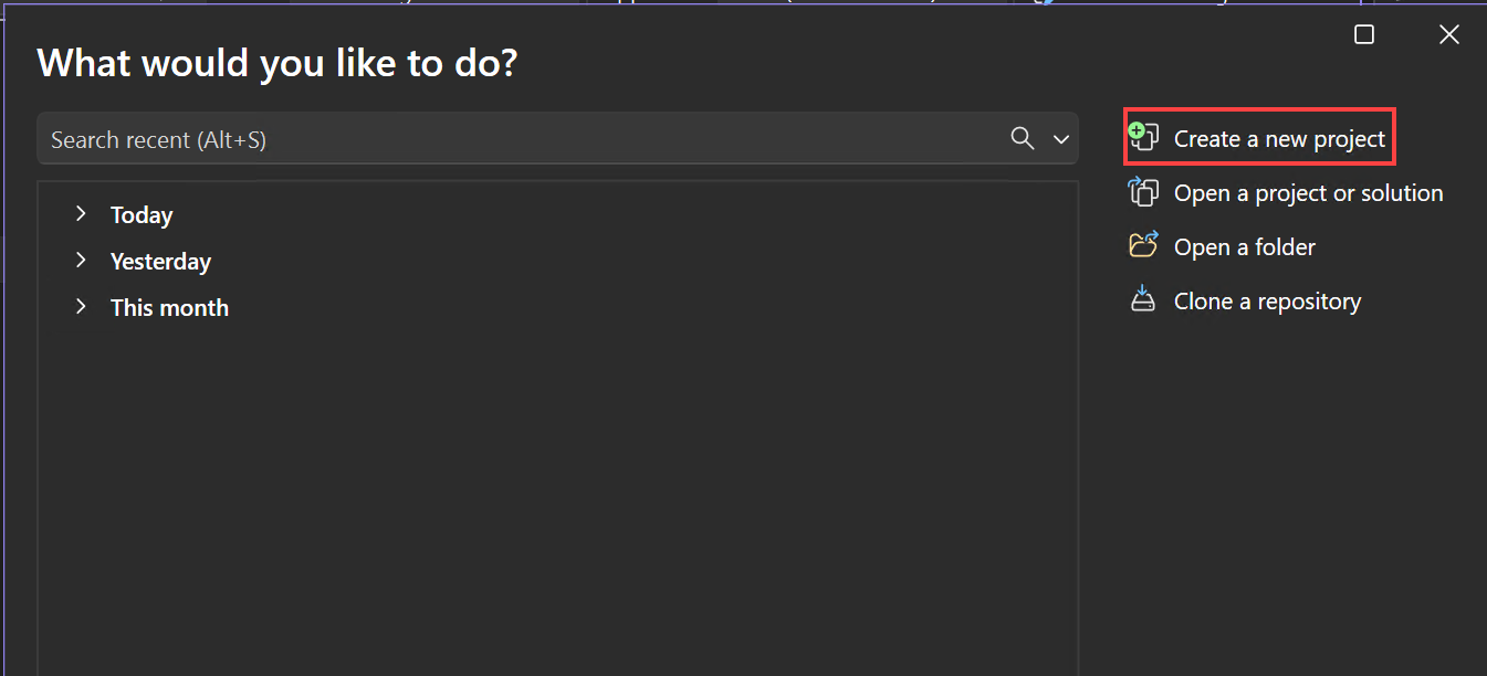 Screenshot of the start window in Visual Studio with the 'Create a new project' option highlighted.