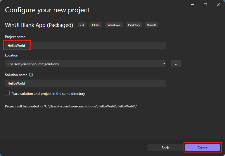 Screenshot of the 'Configure your new project' dialog with 'HelloWorld' entered in the Project name field.