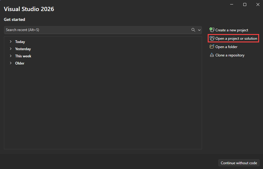 Screenshot of the 'Open a project or solution' window in Visual Studio.