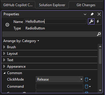 Screenshot showing the Solution Explorer Properties window for the 'HelloButton'  RadioButton.