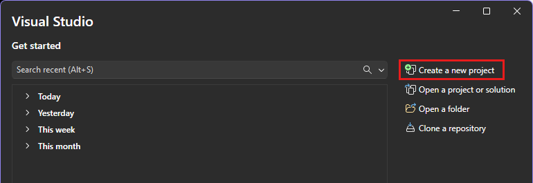 Screenshot of the start window in Visual Studio with the 'Create a new project' option highlighted.