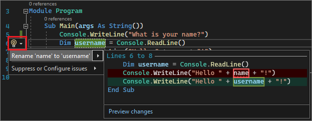 Screenshot that shows the Rename action in Visual Studio 2022.