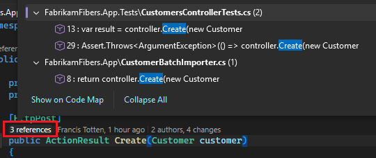 Screenshot that shows how to select the CodeLens references option in Visual Studio.