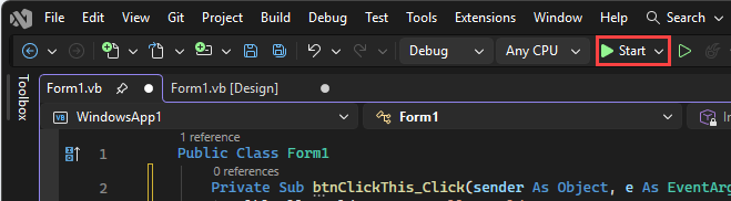 Screenshot shows the Start button that runs your app.