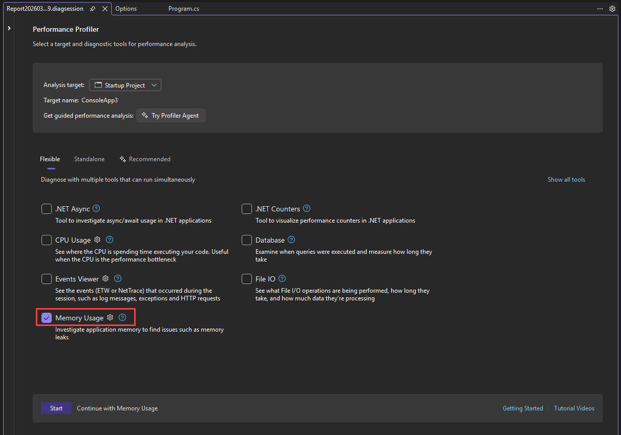 Screenshot that shows the Memory Usage option and the Start button.