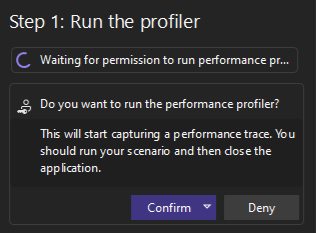 Screenshot of start profiling request.
