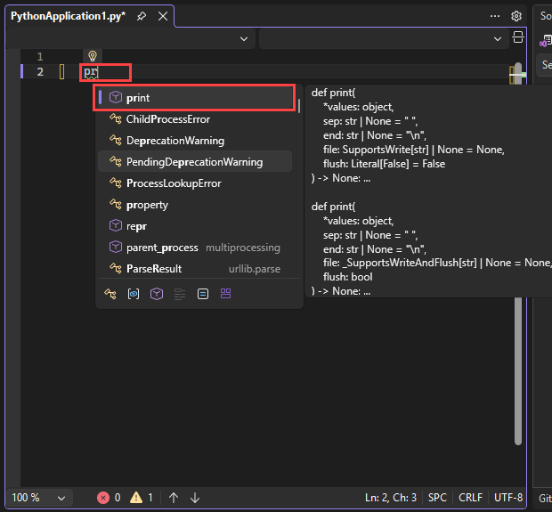 Screenshot that shows IntelliSense autocompletion options in the editor in Visual Studio. The default completion option is highlighted.