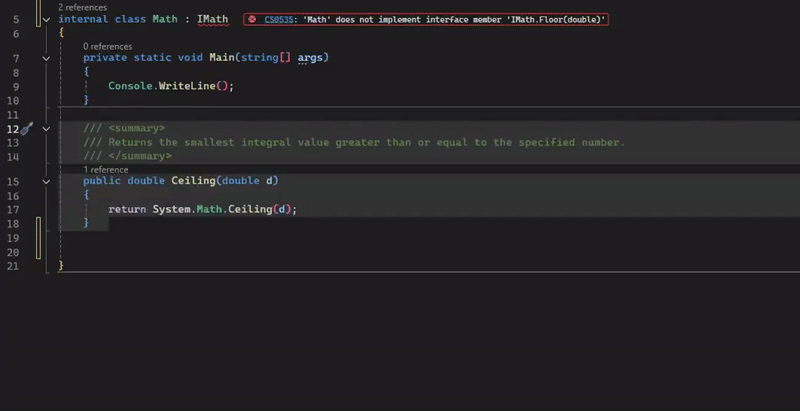 Video showing adaptive paste modifying a pasted method to complete an interface implementation.
