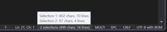 Screenshot of editor margin showing selection information tooltip displayed when hovering over multiple selected text blocks