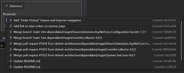Screenshot showing Copilot Chat with #commit: autocomplete dropdown displaying recent commits for selection