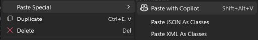 Screenshot showing Paste with Copilot under Edit → Paste Special