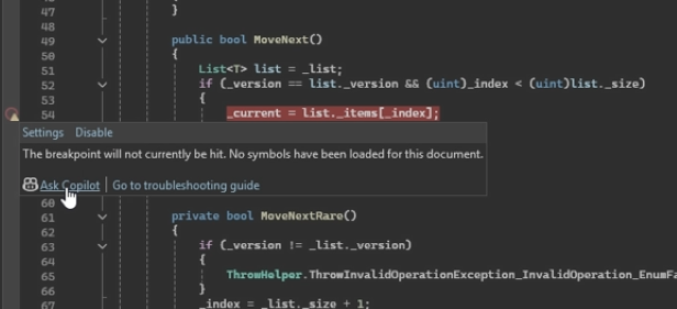 Screenshot showing ask Copilot button for unbound breakpoint in editor margin