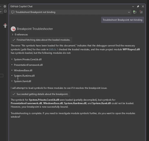 Screenshot showing Copilot response in Copilot chat for the breakpoint troubleshooting Ask Copilot button click action.