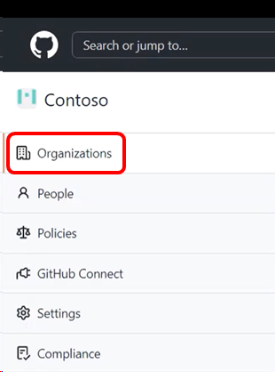 Screenshot of the left menu in GitHub. Organizations is highlighted. Select Organizations