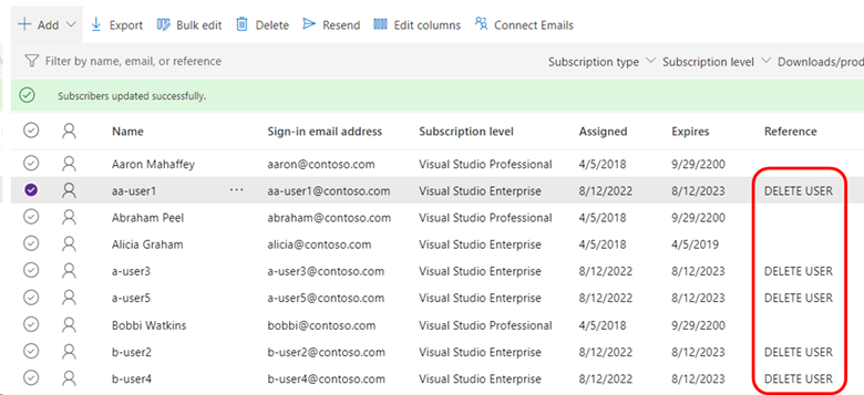 Screenshot of the subscriber list in the admin portal that shows the addition of the reference term that marks the users you want to delete. List Showing Reference