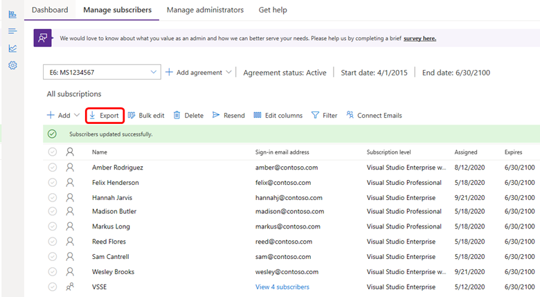 Screenshot of the Manage subscribers page in the admin portal. The Export menu item is highlighted. Export subscribers